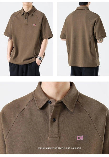 Retro Short Sleeve Men's T-shirt with Embroidered Design in Dark Brown, White, and Grey Colours