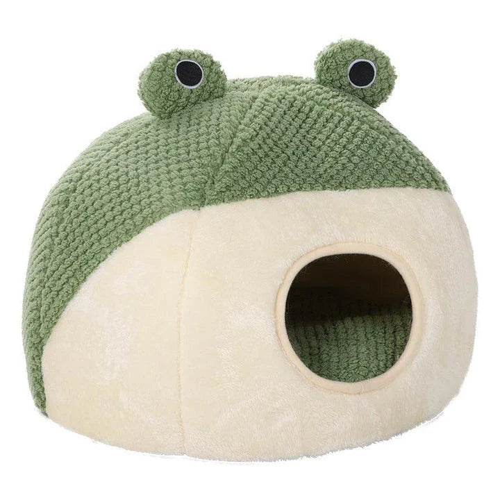 Cosy frog-shaped pet bed made of plush bubble velvet material, providing warmth and comfort for small cats and dogs