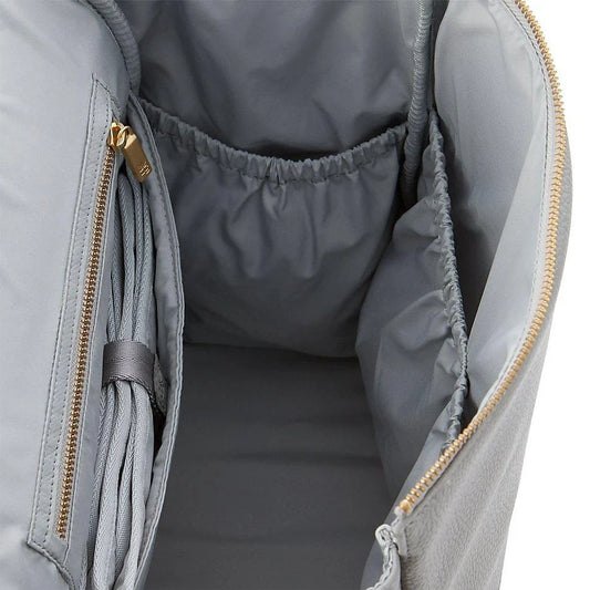 Premium PU leather mummy bag in light grey with stylish striped pattern, designed for the modern UK parent