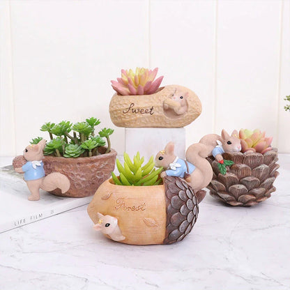 Cartoon squirrel-themed succulent planter in resin material, featuring a drainage hole for healthy plant growth