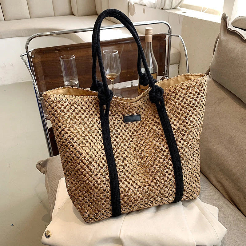 Premium large capacity woven straw beach tote in beige colour with stylish knitted pattern