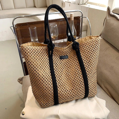 Premium large capacity woven straw beach tote in beige colour with stylish knitted pattern
