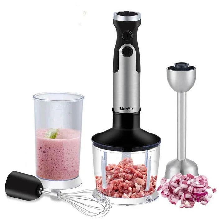 A powerful 1200W 5-in-1 immersion hand blender with stainless steel construction, various attachments, and a sleek design for efficient kitchen use.