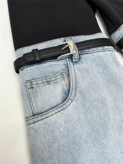 High-waist straight leg chic trousers for women, made from premium denim for a flattering and sophisticated look.