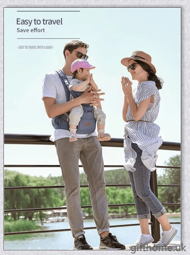 Ergonomic front-facing baby carrier with padded waist strap, lumbar support, and versatile wearing options for comfortable, secure travel with your little one.