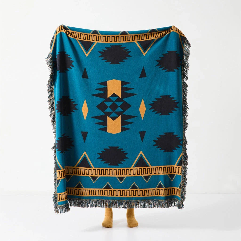 Elegant Bohemian Geometric Pattern Blanket made from premium cotton with luxurious fringes, available in various colours
