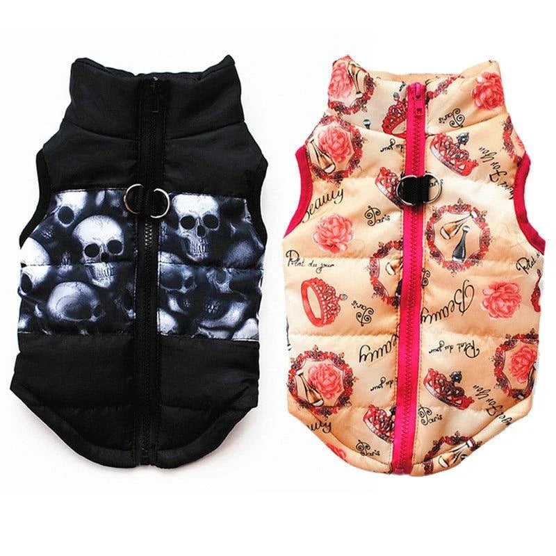 A cosy and stylish winter jacket for pets, featuring vibrant printed patterns and a snug, comfortable fit.