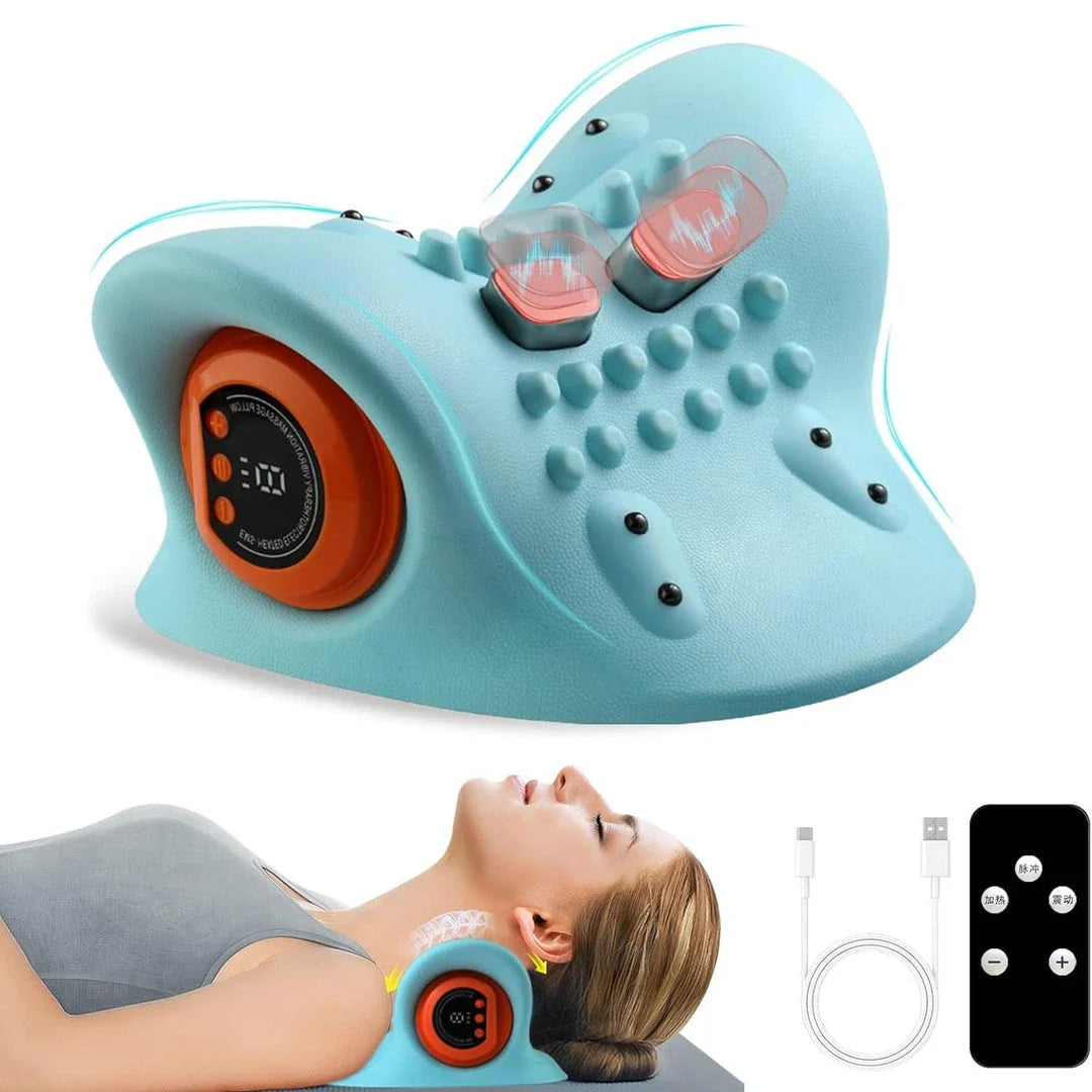 Premium neck stretcher pillow with EMS massage, heat therapy, and cervical traction for relieving neck pain and tension