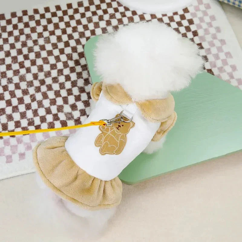 Cosy plush bear dress for dogs and cats, keeping pets warm and stylish during autumn and winter