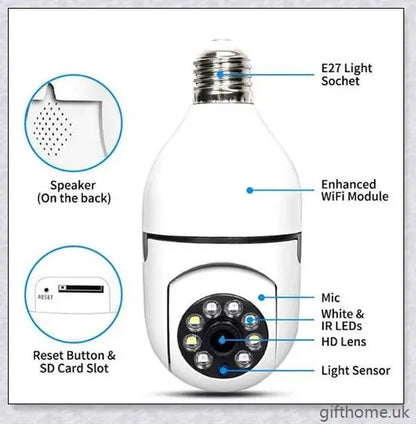 5G Wi-Fi smart home surveillance bulb camera with 360-degree coverage, night vision, and remote monitoring capabilities