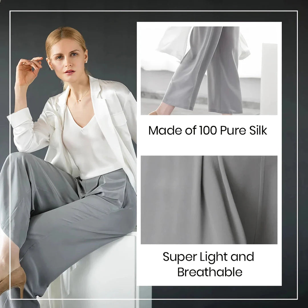 Exquisite grey silk wide-leg trousers with high-waisted design and relaxed fit for sophisticated style