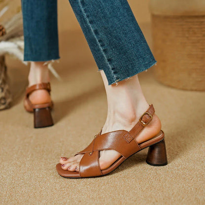 Elegant leather high heel sandals for women, featuring a refined square heel, stylish buckle strap, and sleek design for a sophisticated look.