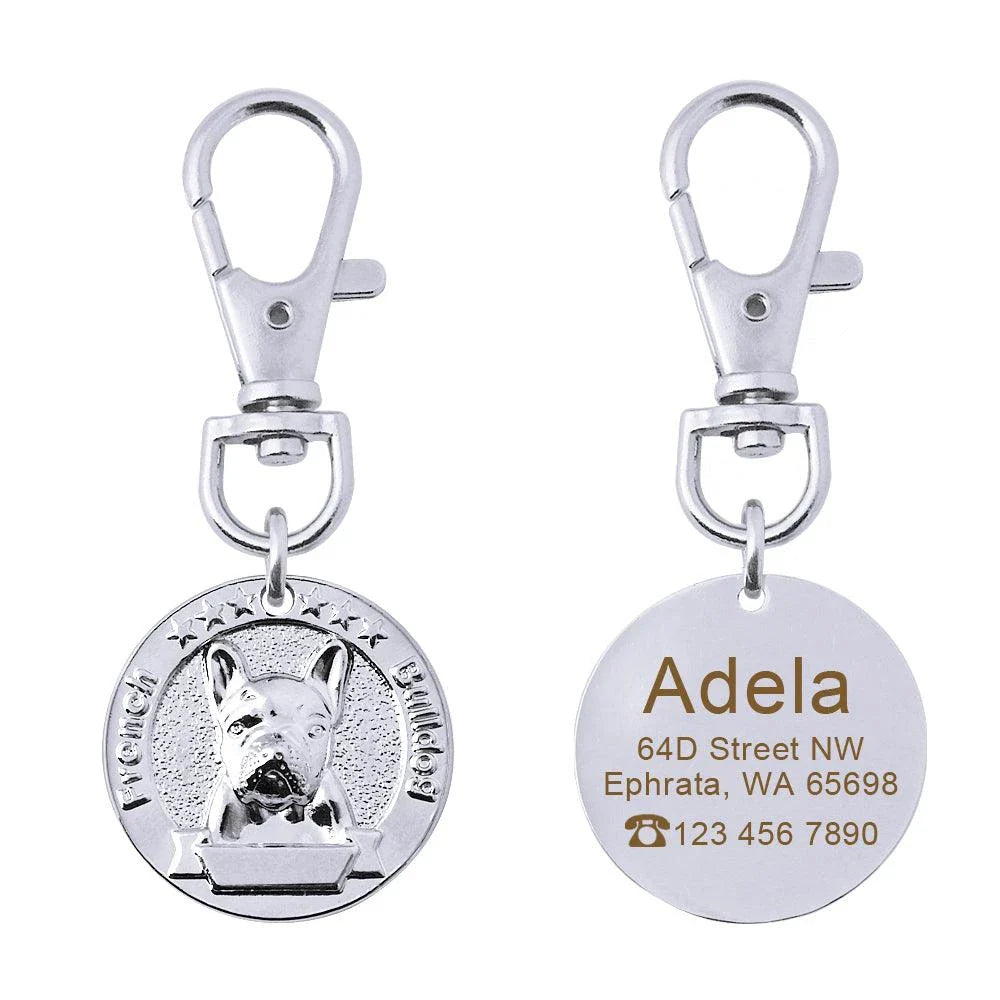 A premium silver dog ID tag with a customized engraved design, providing both style and practical functionality for your beloved canine companion.