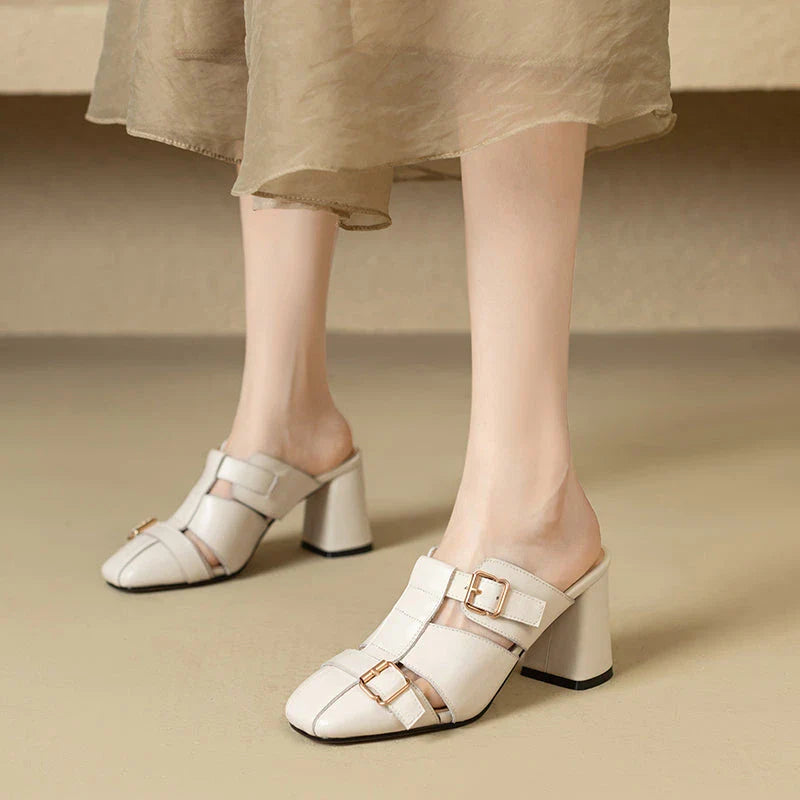 Exquisite embroidered leather high heel slippers in khaki colour, showcasing intricate detailing and a stable square heel design for stylish summer wear