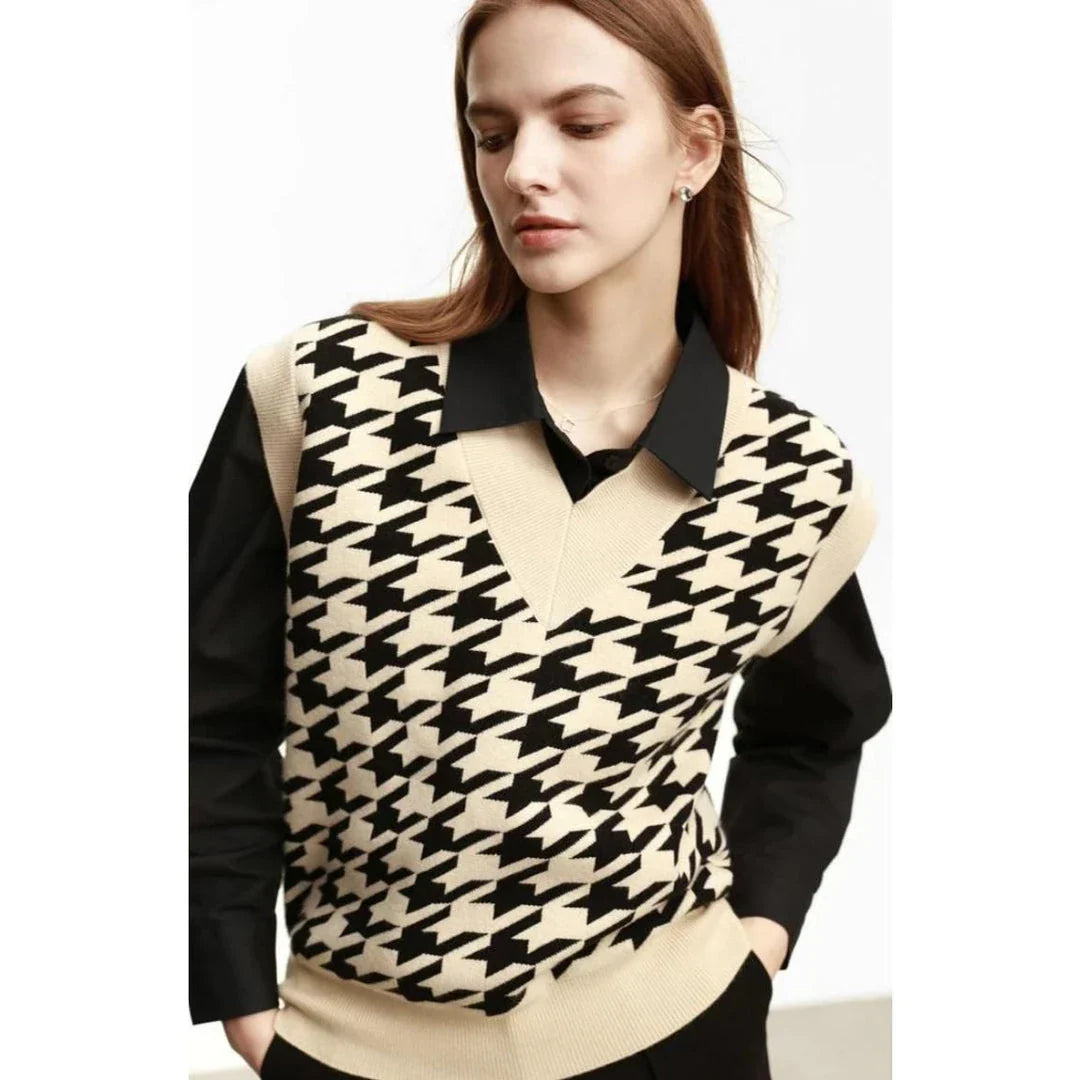 Sophisticated autumn plaid knitted waistcoat with intricate pattern and modern design for the modern British woman