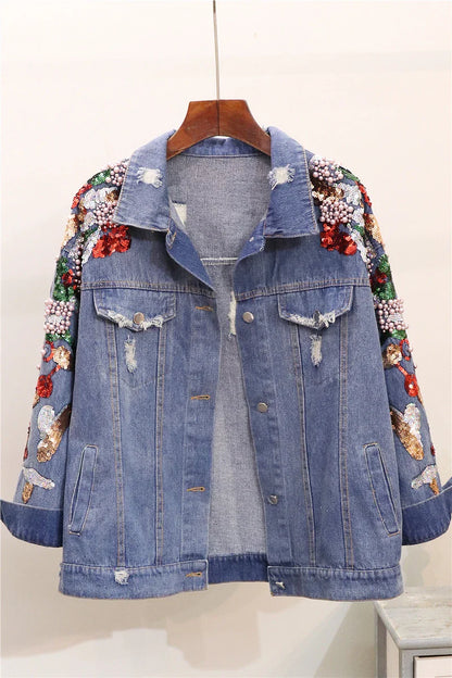 Premium embroidered denim jacket with slimming beaded sequins in a relaxed, flattering fit