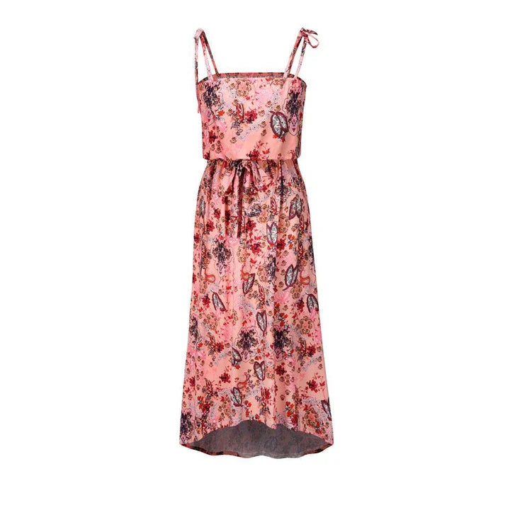 A premium printed camisole dress in a vibrant red colour, featuring a flattering mid-length skirt and high-waist design for a sophisticated, feminine look.