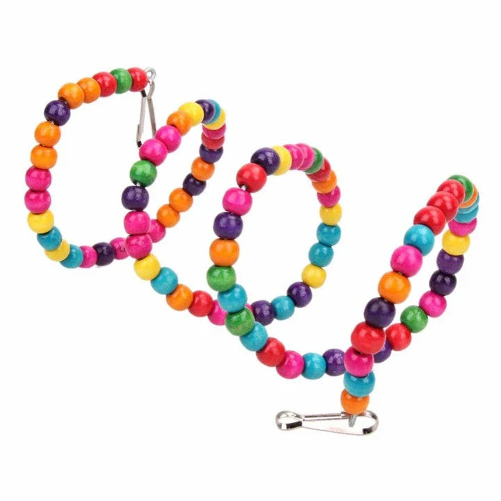 Multicolored bird swing made of wood and iron wire, designed to provide amusement and enrichment for pet birds