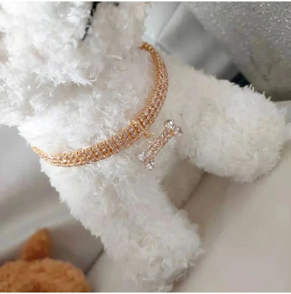 Luxury adjustable pet collar with sparkling zircon bone pendant in silver, gold, and rose gold colours