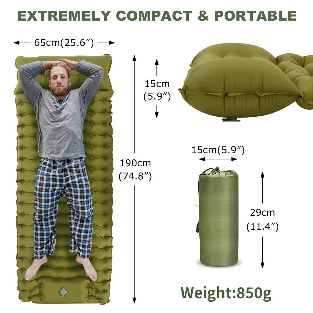 Luxury inflatable camping mattress with built-in pillow and foot pump for effortless inflation and superior comfort in the great outdoors