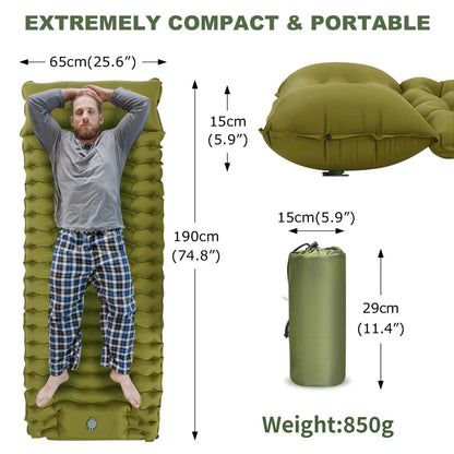 Luxury inflatable camping mattress with built-in pillow and foot pump for effortless inflation and superior comfort in the great outdoors