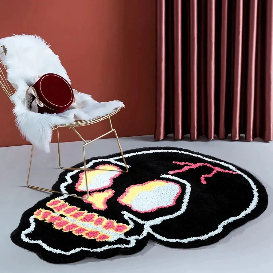 A stylish, black and pink skull-patterned area rug with an irregular, funky design for a modern living room or bedroom