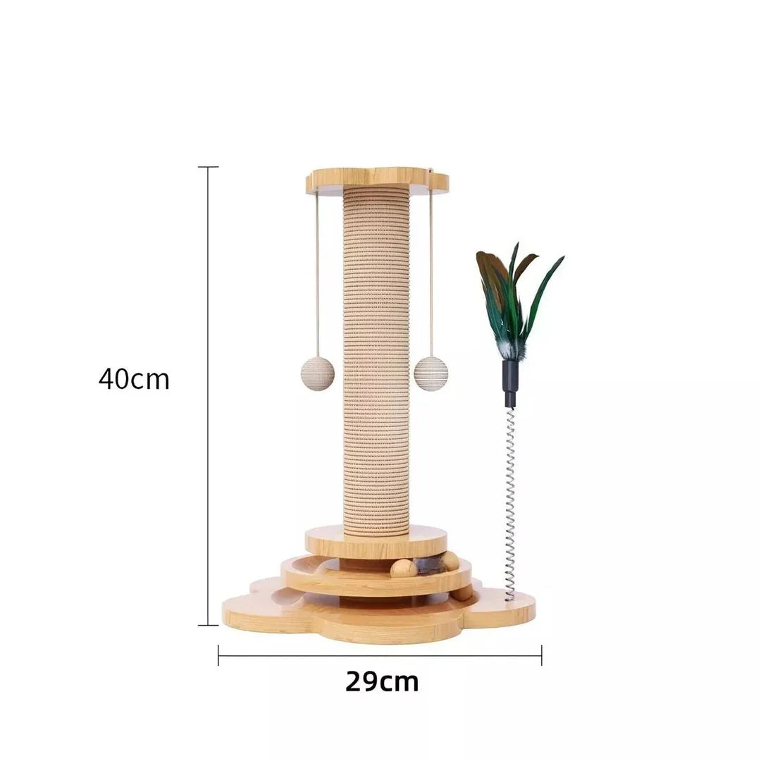 Premium pine wood cat scratcher tower with interactive turntable balls for feline playtime and activity