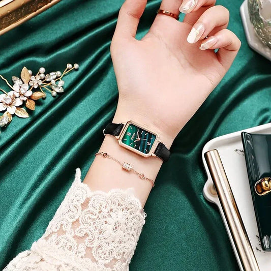 Refined square dial ladies watch with genuine leather strap, minimalist design, and durable aluminium alloy case
