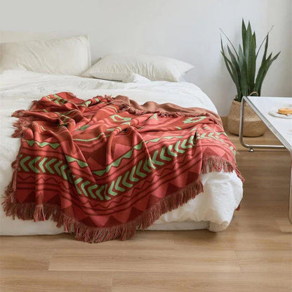 Cosy Indian Tribal Geometric Throw Blanket in Vibrant Red and White Patterns