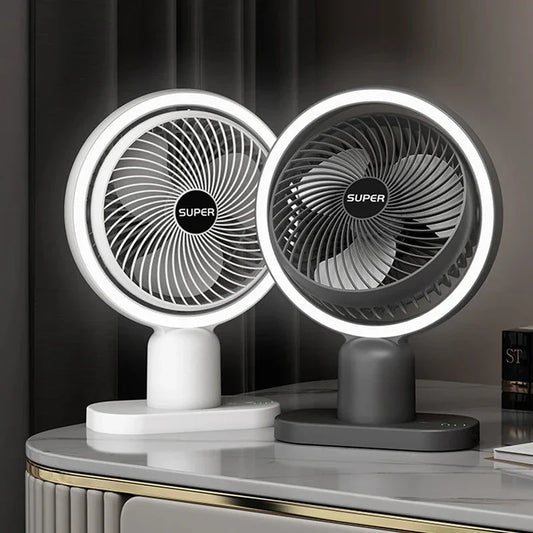 Compact USB-powered desk fan with three-speed airflow and built-in lighting for versatile workspace cooling and illumination