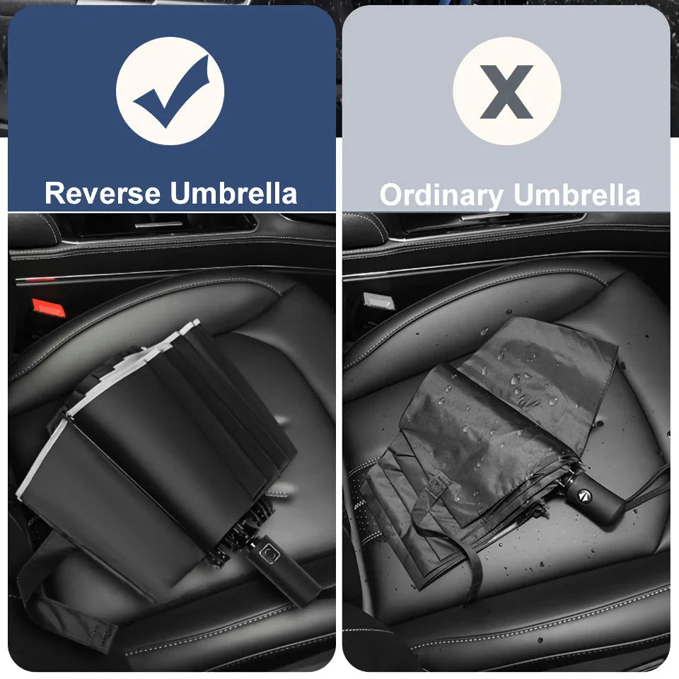 Premium auto-open reverse folding umbrella with reflective safety strip for all-weather protection