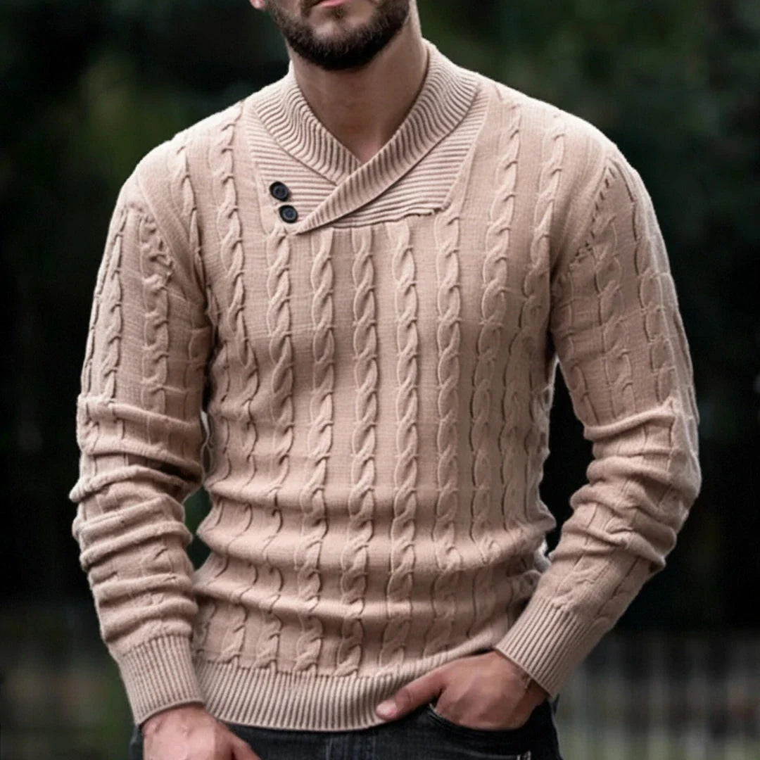 A classic khaki pullover with a tailored slim-fit design, perfect for sophisticated British style.