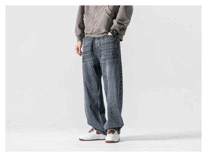 A pair of stylish retro-inspired Japanese jeans in black and grey, featuring a mid-rise waist and straight leg silhouette for a flattering, comfortable fit.