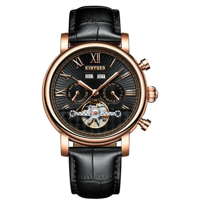 Automatic mechanical watch with genuine leather strap, featuring a stylish hollow-out dial design