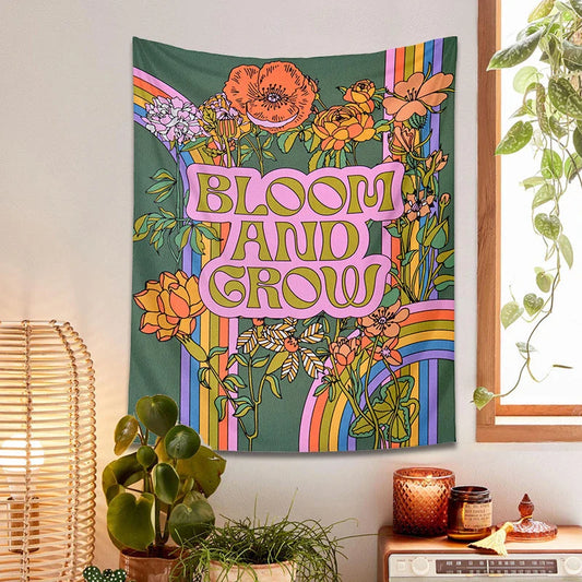 Vibrant 70s retro flower tapestry wall hanging with captivating floral design and rich, colourful pattern