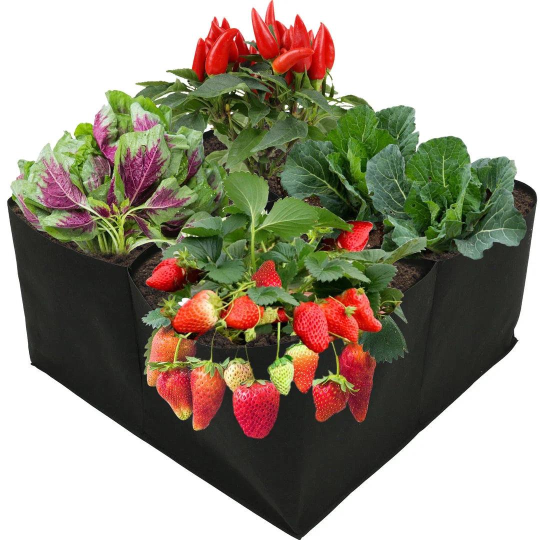Modular felt raised garden beds with adjustable grid system for growing a variety of plants in small spaces