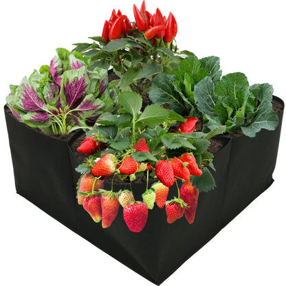 Modular felt raised garden beds with adjustable grid system for growing a variety of plants in small spaces