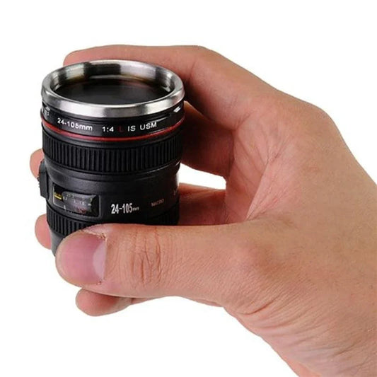 Stainless steel and plastic camera lens-shaped shot glass for serving cocktails, liqueurs, and specialty drinks