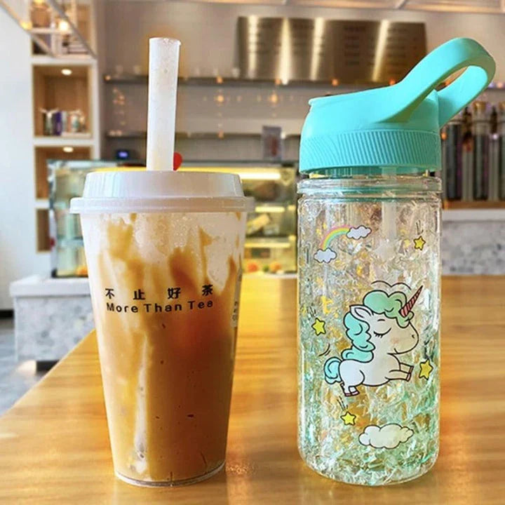 A blue water bottle with a unicorn print design and two straws, perfect for staying hydrated in a magical way.