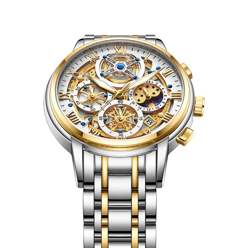 Elegant quartz watch with moonphase display, calendar function, and luminous hands for enhanced visibility