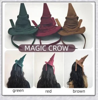 Sortband Halloween Witch Hat Headband in red, green, and brown colours with a detachable witch hat design
