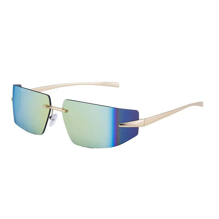 Elegant rimless rectangular sunglasses with a sleek, minimalist design and contemporary silhouette