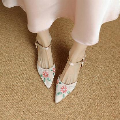 Elegant Embroidered Pointed Toe Sandals with Spike Heels in Black