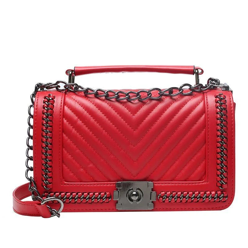Fashionable leather messenger bag with chain strap in a range of vibrant colours, designed for style and functionality