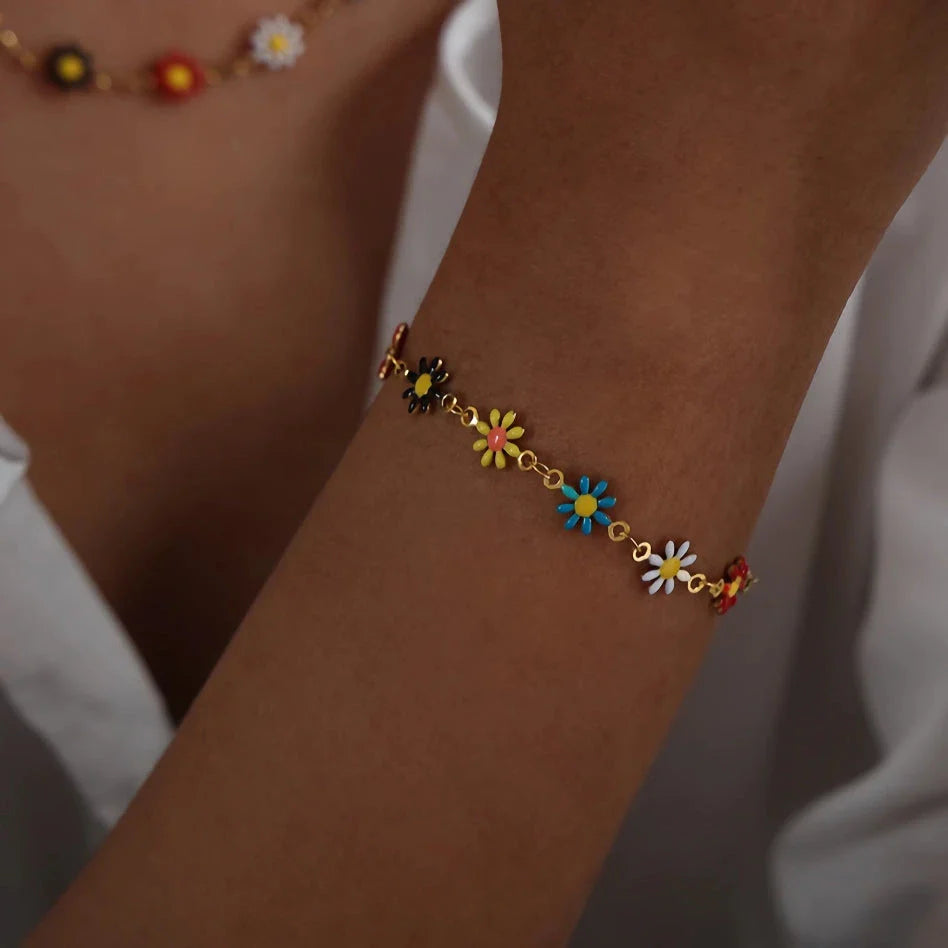 Bohemian-inspired stainless steel flower necklace and bracelet set in vibrant colours