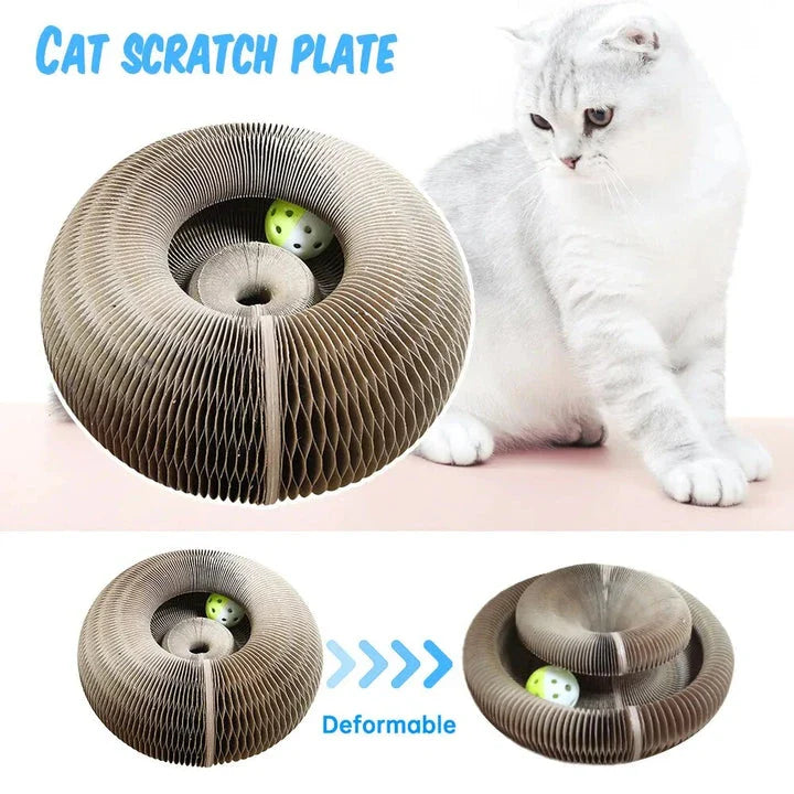 Premium Cat Scratch Board Toy made from durable corrugated cardboard with an interactive bell toy to engage and entertain your cat