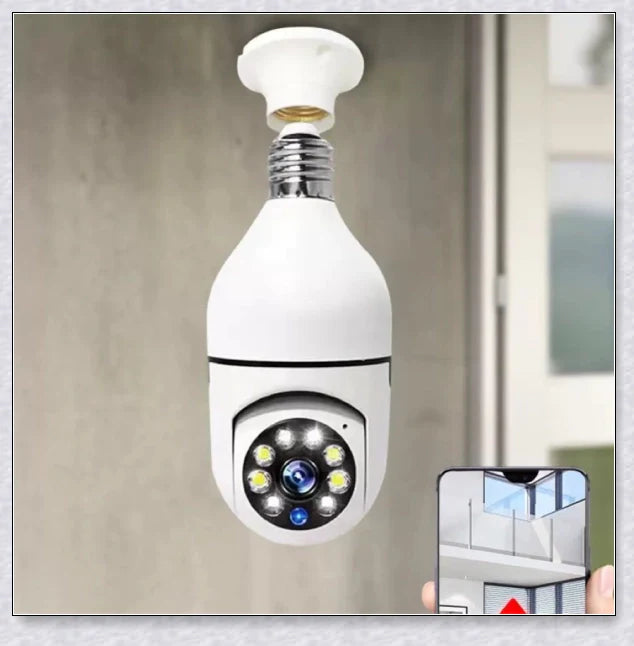 Discreet 1080p 360-degree panoramic WiFi security camera hidden in a light bulb design for comprehensive home surveillance