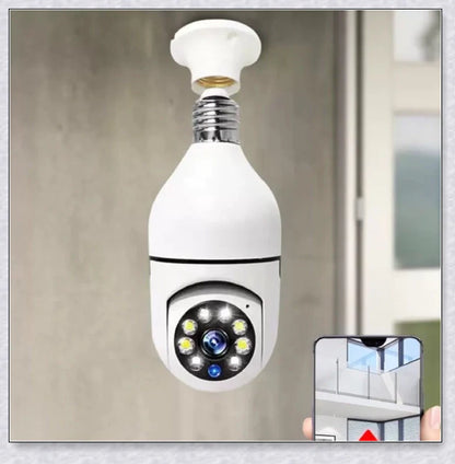 Discreet 1080p 360-degree panoramic WiFi security camera hidden in a light bulb design for comprehensive home surveillance