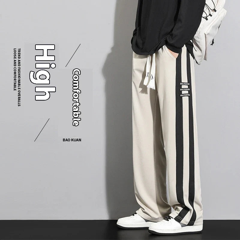 Comfortable striped straight-leg casual trousers in various colours and sizes