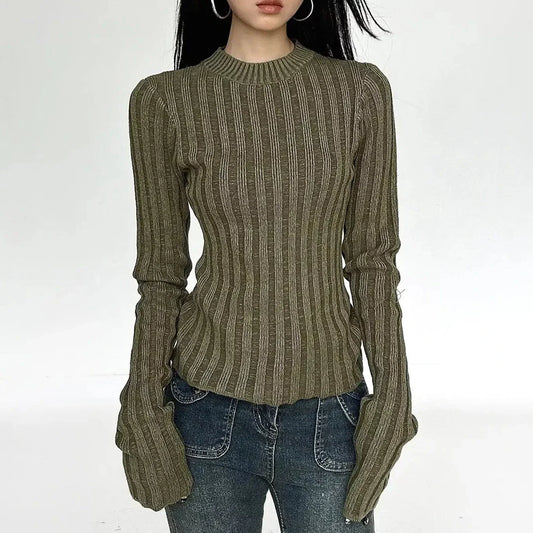 Women's Stylish Round Neck Long Sleeve Slim Fit Knitted Jumper in Green